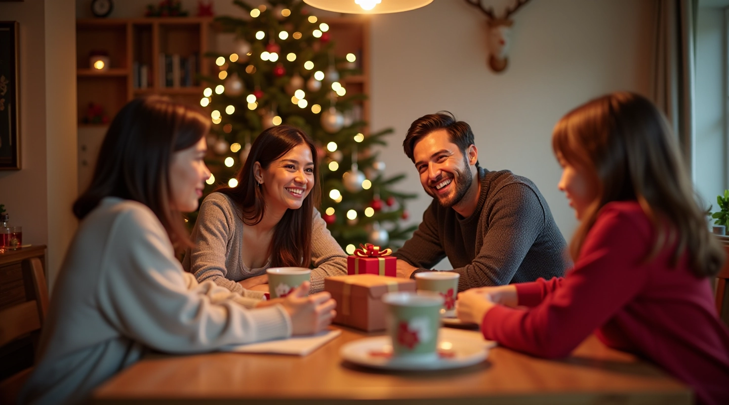 Family around dining table with holiday decorations and wrapped gifts visible in background